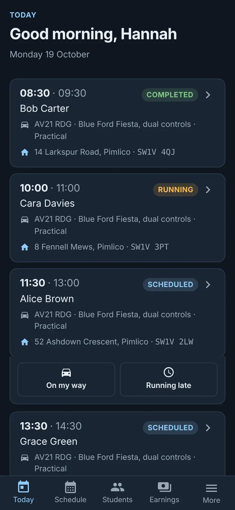 Passdesk instructor's Today screen on a phone: the day's lessons with pickup addresses, each marked completed, running or scheduled.
