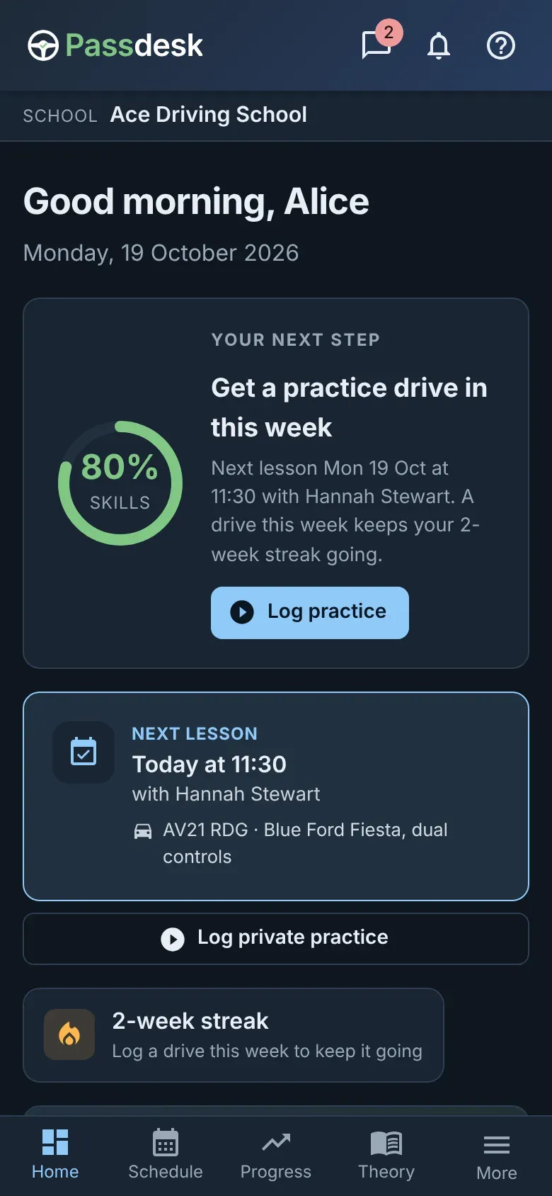 Passdesk student home on a phone: next lesson, hours remaining, book-a-lesson and log-private-practice actions, and a countdown to the driving test.